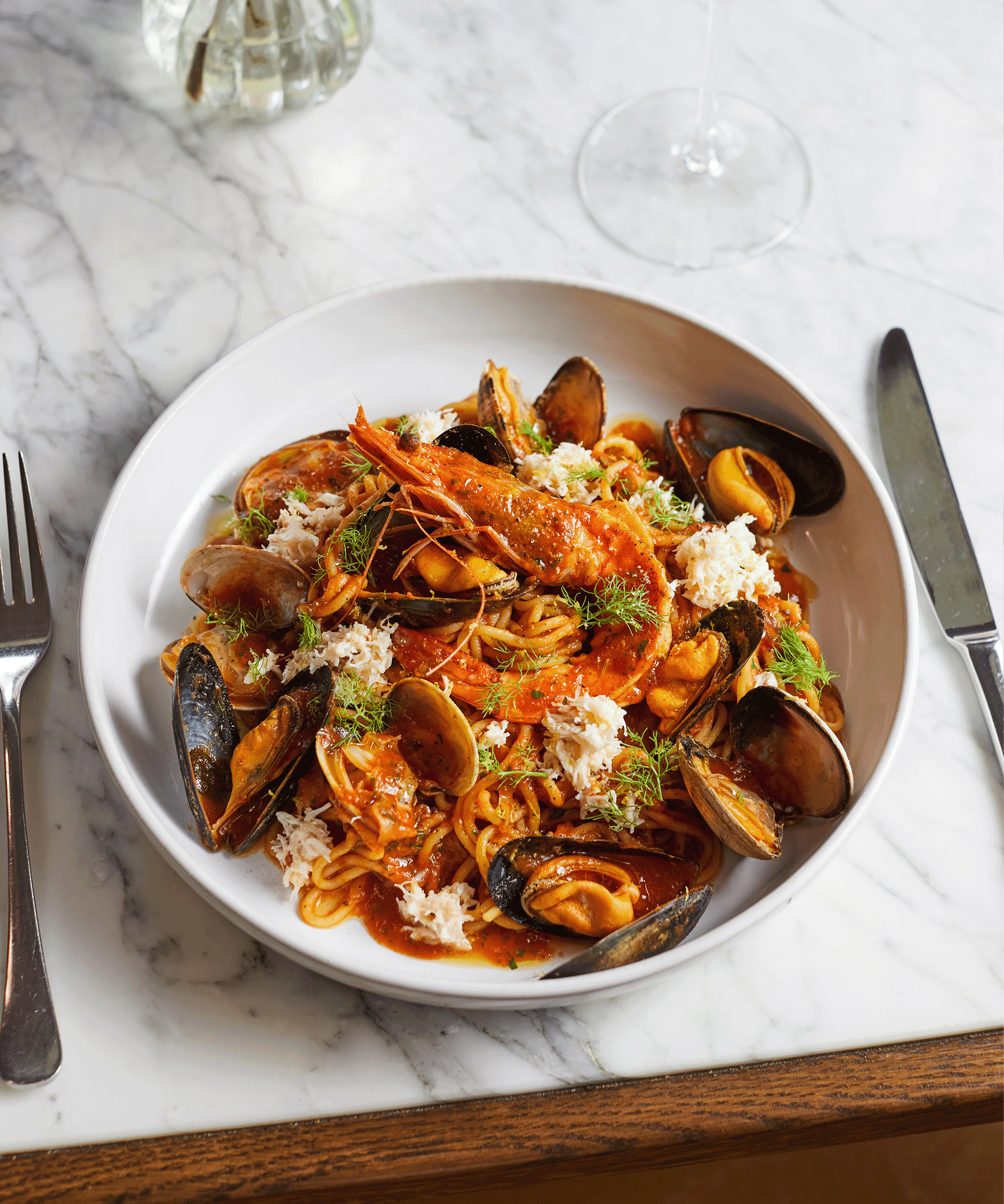 Seafood spaghetti - Tiger Prawn, British White Crab, Clams & Mussels, Rich Tomato Bisque